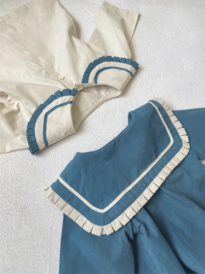 -ベビーキッズワンピース マリンセーラーカラー長袖ワンピース 2カラー - mamahalo shop - 長袖ワンピース -  べビー服 - 子供服 - 男の子 - 女の子