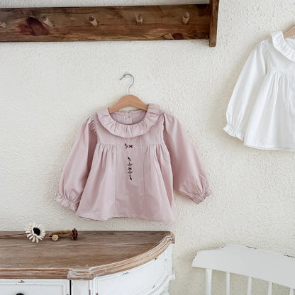 -キッズトップス サークルフリル襟刺繍ワンポイント長袖チュニックブラウス 2カラー【mh0006742】 - mamahalo shop - 長袖シャツ・ブラウス -  べビー服 - 子供服 - 男の子 - 女の子