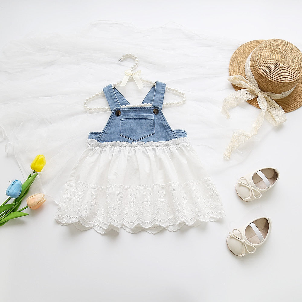 -ベビー デニム サスペンダー レース スカート ドッキング ワンピース ガールズ - mamahalo shop - ノースリーブワンピース -  べビー服 - 子供服 - 男の子 - 女の子