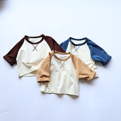-ベビー シンプル ベーシック パッチワーク ラグラン 長袖 Tシャツ トップス ボーイズ - mamahalo shop - 長袖Tシャツ -  べビー服 - 子供服 - 男の子 - 女の子