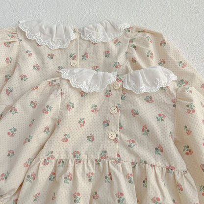 -ベビーロンパース/キッズワンピース レースフリル襟ピンタックフラワープリント長袖ボディスーツ/ワンピース リンクコーデ 姉妹 お揃いコーデ【mh0007418】 - mamahalo shop - 長袖ロンパース -  べビー服 - 子供服 - 男の子 - 女の子