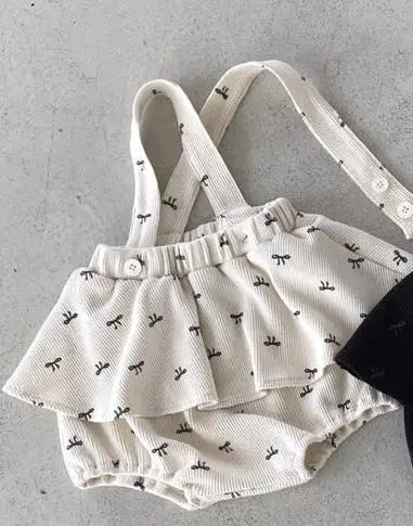 -ベビートップス/パンツ レース刺繍ノーカラー長袖ブラウス/リボンプリントフリルスカートサスペンダーブルマ 2カラー - mamahalo shop - 長袖セットアップ -  べビー服 - 子供服 - 男の子 - 女の子