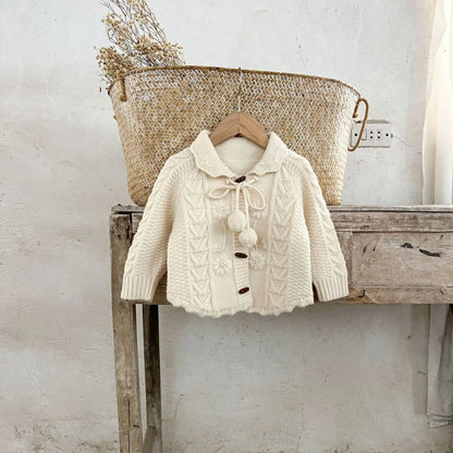 -ベビーキッズカーディガン アラン編みケーブルニットぽんぽん付きニットジャケット 4カラー - mamahalo shop - カーディガン・パーカー -  べビー服 - 子供服 - 男の子 - 女の子