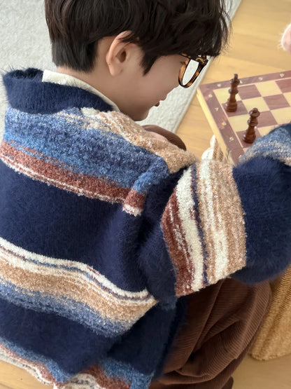 -キッズカーディガン カラフルボーダーVネックニットジャケット 2カラー - mamahalo shop - カーディガン・パーカー -  べビー服 - 子供服 - 男の子 - 女の子