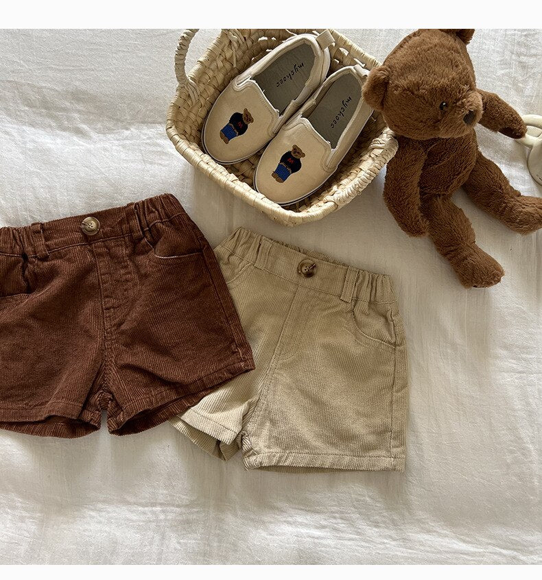 -キッズ コーデュロイ ショートパンツ ベージュ コーヒーブラウン ユニセックス - mamahalo shop - ハーフパンツ・ショートパンツ -  べビー服 - 子供服 - 男の子 - 女の子