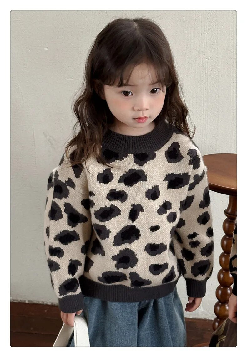 -キッズセーター レオパード柄 ヒョウ柄 ニット プルオーバートップス ブラック ベージュ 2カラー ユニセックス 男の子 女の子 子供服 - mamahalo shop - ニット・セーター -  べビー服 - 子供服 - 男の子 - 女の子