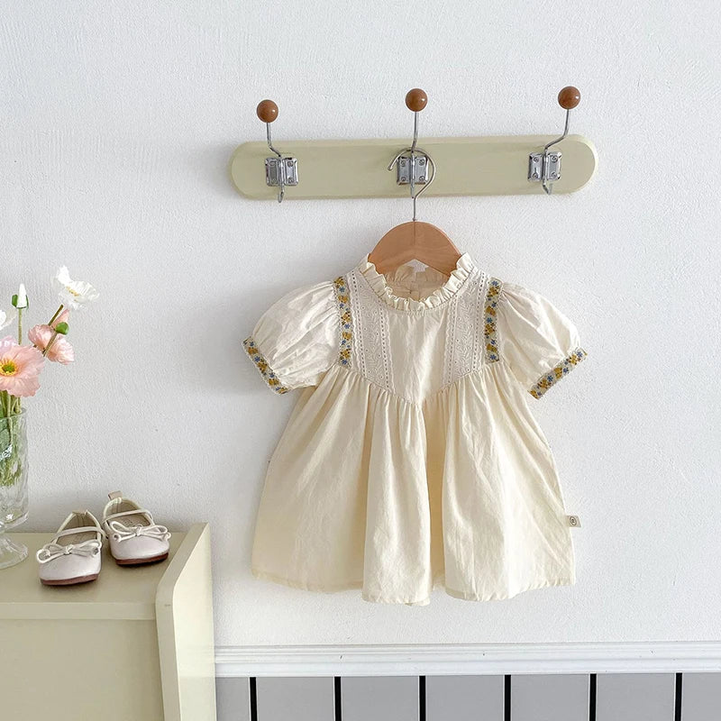 -キッズワンピース 半袖パフスリーブドレスワンピース チロリアン ベージュ - mamahalo shop - 半袖ワンピース -  べビー服 - 子供服 - 男の子 - 女の子