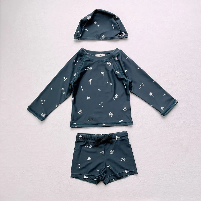-キッズ水着 ボーイズ 半袖長袖 セパレートラッシュガード  スイムウェア スイミングウェア 帽子セット【mh0004294】 - mamahalo shop - ベビー用水着 -  べビー服 - 子供服 - 男の子 - 女の子