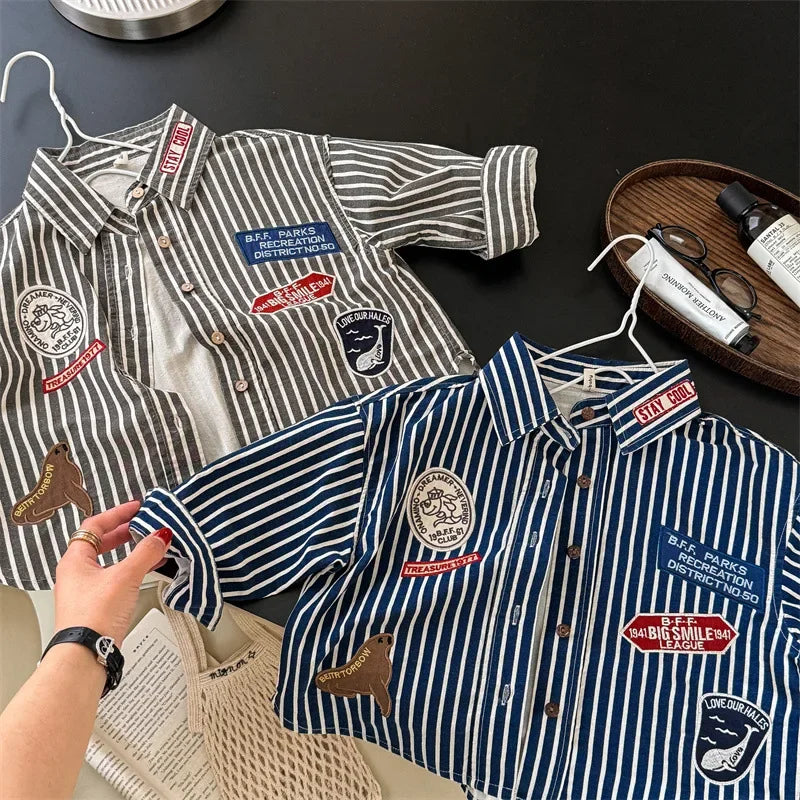 -キッズトップス ストライプワッペン長袖シャツ 2カラー - mamahalo shop - 長袖シャツ・ブラウス -  べビー服 - 子供服 - 男の子 - 女の子