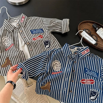 -キッズトップス ストライプワッペン長袖シャツ 2カラー - mamahalo shop - 長袖シャツ・ブラウス -  べビー服 - 子供服 - 男の子 - 女の子