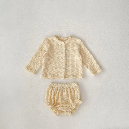 -ベビーセットアップ 2点セット フラワー柄レースニットカーディガン+フリルブルマパンツ 2カラー - mamahalo shop - 長袖セットアップ -  べビー服 - 子供服 - 男の子 - 女の子