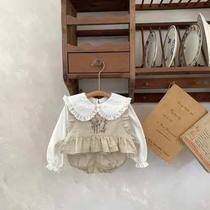 -ベビーセットアップ 2点セット ノースリーブフリルトップス+ブルマパンツ フラワー花柄刺繍 ピンク/アプリコット/2カラー【mh0004558】 - mamahalo shop - ノースリーブセットアップ -  べビー服 - 子供服 - 男の子 - 女の子