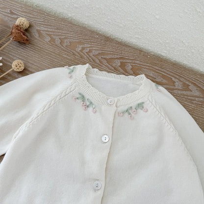 -キッズカーディガン フラワー花柄刺繍ワンポイントニットジャケット 2カラー - mamahalo shop - カーディガン・パーカー -  べビー服 - 子供服 - 男の子 - 女の子