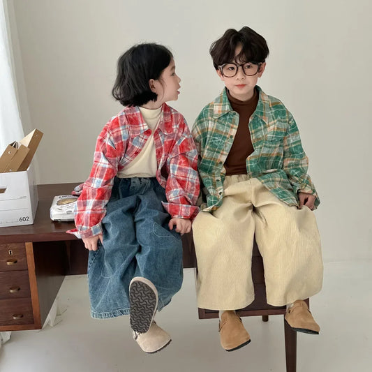 -キッズトップス チェック長袖ルーズシャツ 2カラー - mamahalo shop - 長袖シャツ・ブラウス -  べビー服 - 子供服 - 男の子 - 女の子