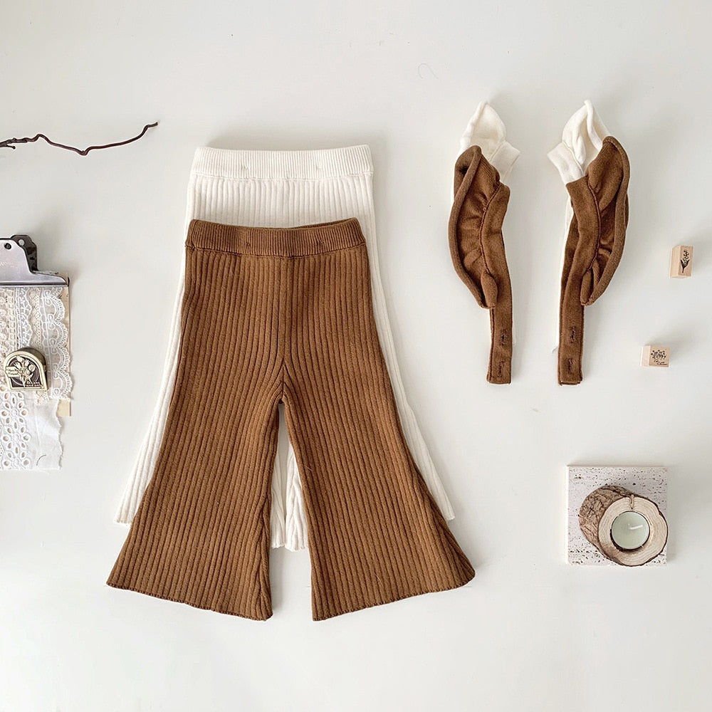 -ベビー キッズ サスペンダーパンツ ニット フリルショルダー サロペットパンツ ワイド フレアパンツ ベージュ ブラウン 2カラー ガールズ 女の子 子供服 - mamahalo shop - サロペットパンツ・サスペンダーパンツ -  べビー服 - 子供服 - 男の子 - 女の子