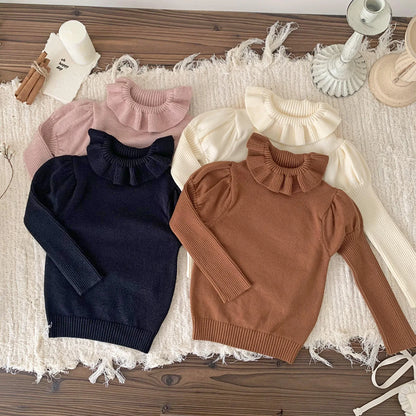 -ベビーキッズトップス ラッフル襟ニット長袖パフスリーブカットソーセーター 3カラー - mamahalo shop - ニット・セーター -  べビー服 - 子供服 - 男の子 - 女の子