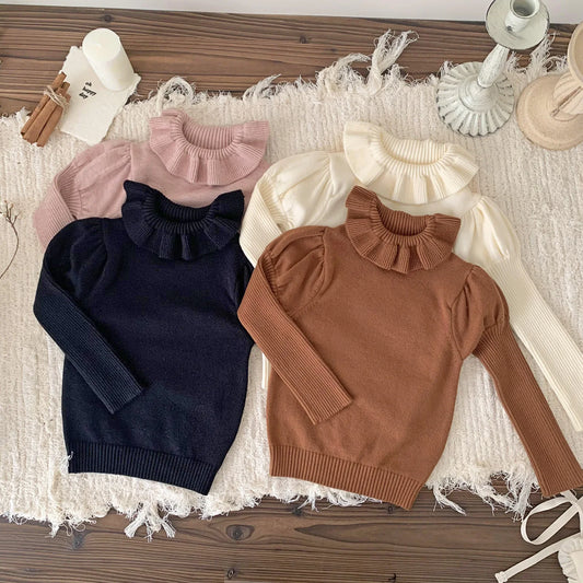 -ベビーキッズトップス ラッフル襟ニット長袖パフスリーブカットソーセーター 3カラー - mamahalo shop - ニット・セーター -  べビー服 - 子供服 - 男の子 - 女の子