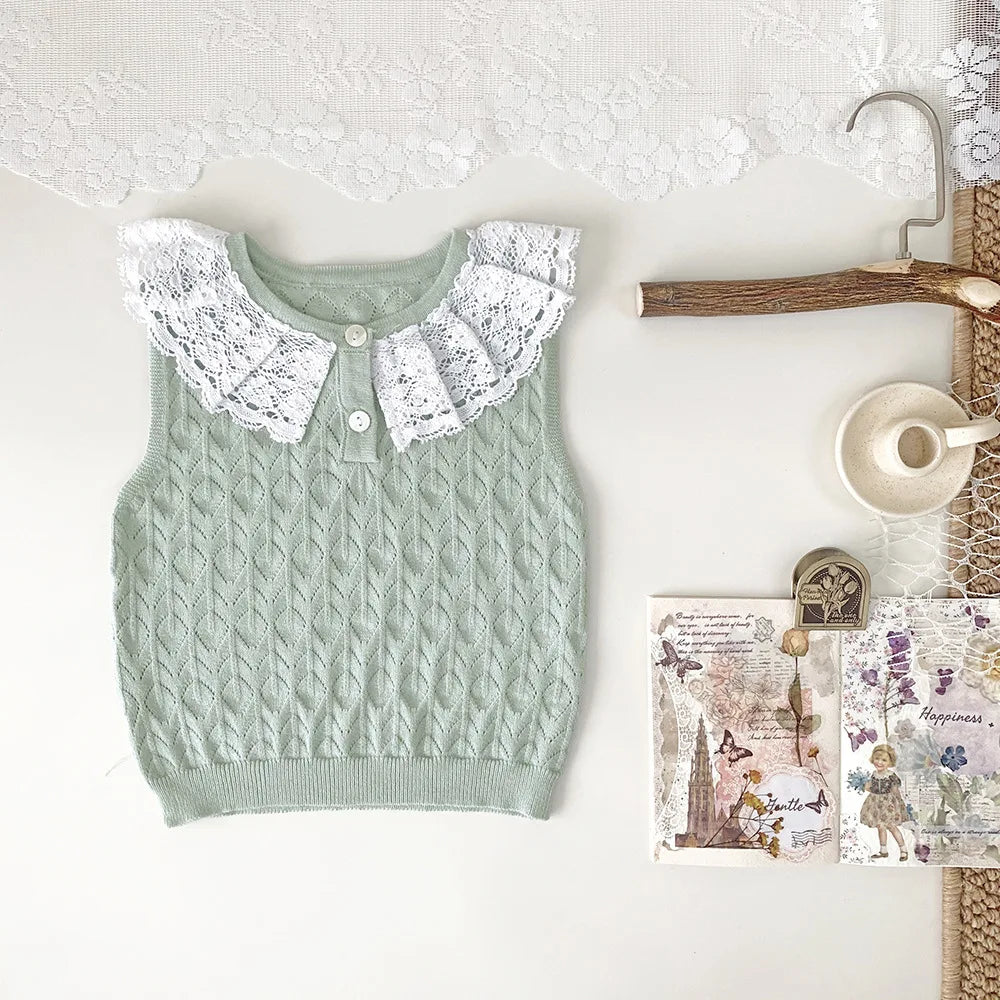 -ベビーキッズトップス レースニット ノースリーブ レース襟 カットソー 2カラー【mh0005302】 - mamahalo shop - タンクトップ・キャミソール・ノースリーブトップス -  べビー服 - 子供服 - 男の子 - 女の子