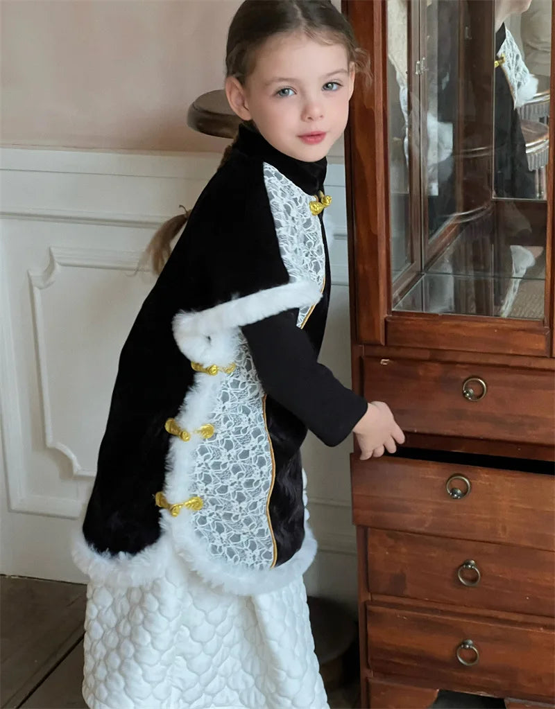 -キッズベスト ファーフリースパッチワーク レース チャイナドレス - mamahalo shop - ベスト -  べビー服 - 子供服 - 男の子 - 女の子