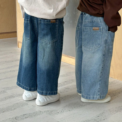 -キッズパンツ デニムルーズワイドロングパンツ シンプルベーシックジーンズ 2カラー【mh0006706】 - mamahalo shop - デニムパンツ -  べビー服 - 子供服 - 男の子 - 女の子