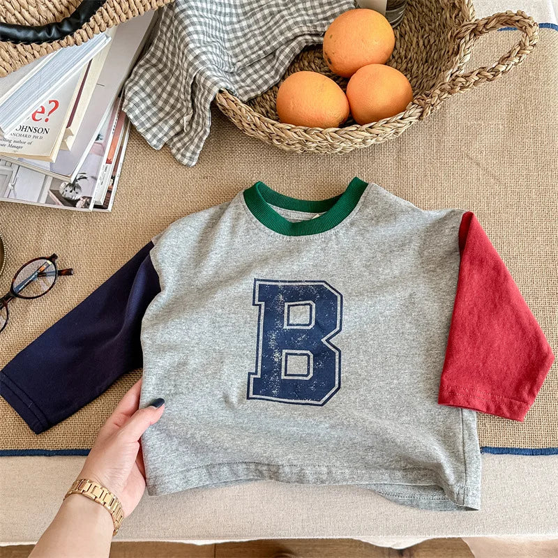 -キッズトップス 長袖Tシャツ パッチワーク レターロゴプリント 2カラー【mh0000606】 - mamahalo shop - 長袖Tシャツ -  べビー服 - 子供服 - 男の子 - 女の子