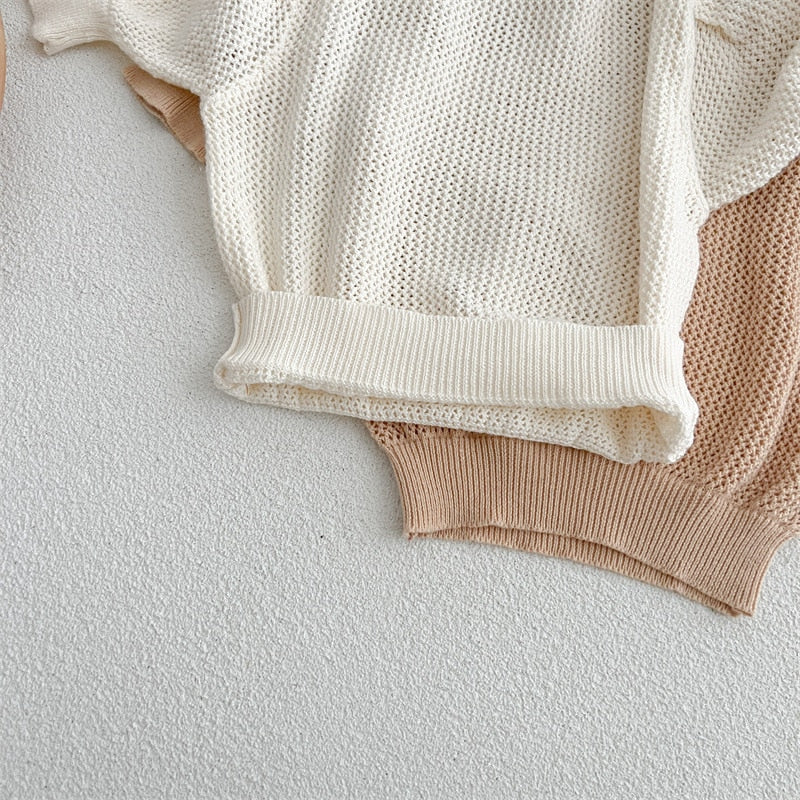 -ベビー サマーニット レース 半袖 パフスリーブ セーター カットソー Tシャツ トップス ベージュホワイト ブラウン ガールズ - mamahalo shop - ニット・セーター -  べビー服 - 子供服 - 男の子 - 女の子