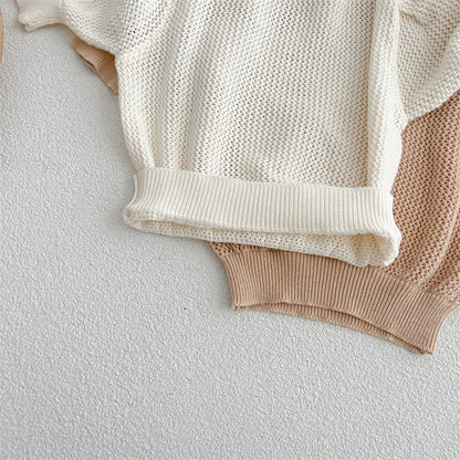 -ベビー サマーニット レース 半袖 パフスリーブ セーター カットソー Tシャツ トップス ベージュホワイト ブラウン ガールズ - mamahalo shop - ニット・セーター -  べビー服 - 子供服 - 男の子 - 女の子