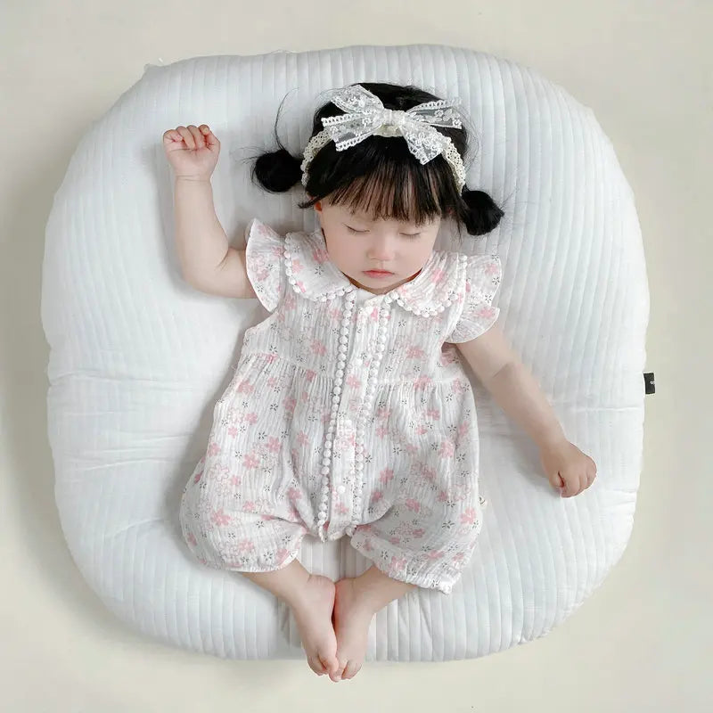 -ベビーロンパース 半袖フリルジャンプスーツ フラワー花柄プリント ヘアバンドセット【mh0005321】 - mamahalo shop - 半袖ロンパース -  べビー服 - 子供服 - 男の子 - 女の子