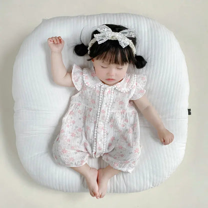 -ベビーロンパース 半袖フリルジャンプスーツ フラワー花柄プリント ヘアバンドセット【mh0005321】 - mamahalo shop - 半袖ロンパース -  べビー服 - 子供服 - 男の子 - 女の子