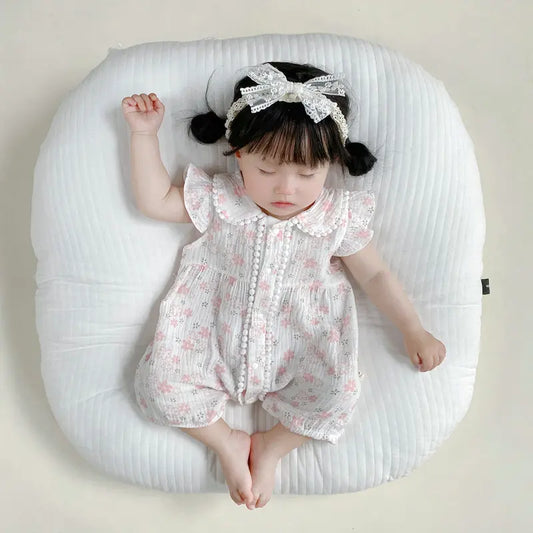-ベビーロンパース 半袖フリルジャンプスーツ フラワー花柄プリント ヘアバンドセット【mh0005321】 - mamahalo shop - 半袖ロンパース -  べビー服 - 子供服 - 男の子 - 女の子