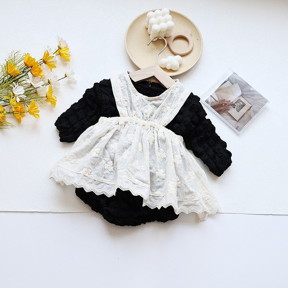 -ベビー ポップコーン セットアップ 長袖 トップス ブルマパンツ ベージュ ブラック レース フリル エプロン ドレス ガールズ - mamahalo shop - 長袖セットアップ -  べビー服 - 子供服 - 男の子 - 女の子