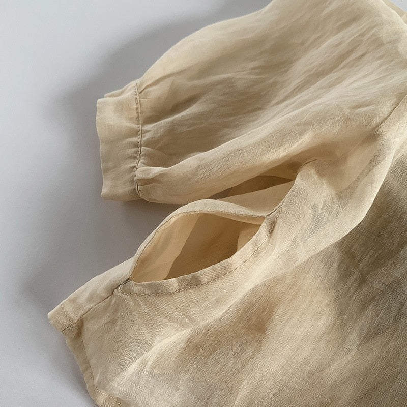 -キッズ コットンリネン 長袖 薄手 ルーズ シャツ ブラウス 日除け クーラー対策 アプリコットベージュ カーキグリーン ユニセックス - mamahalo shop - 長袖シャツ・ブラウス -  べビー服 - 子供服 - 男の子 - 女の子