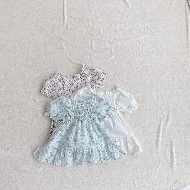 -ベビーワンピース 半袖パフスリーブ シャーリング サマードレス フラワー花柄プリント 3カラー【mh0005345】 - mamahalo shop - 半袖ワンピース -  べビー服 - 子供服 - 男の子 - 女の子