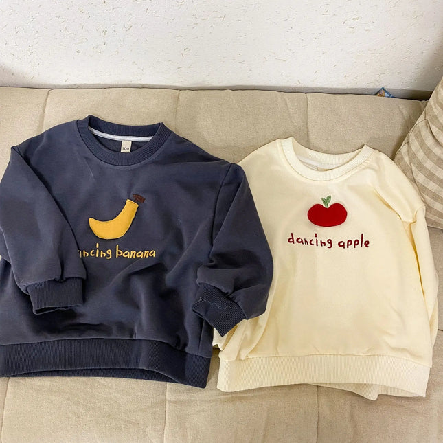 キッズトップス バナナ/りんごアップリケ長袖スウェットシャツ - mamahalo shop - 長袖Tシャツ -  べビー服 - 子供服 - 男の子 - 女の子