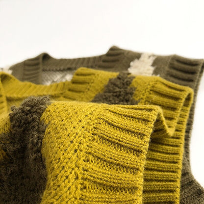 -キッズ ニットベスト レトロ ダイヤチェック Vネック コーヒー イエロー 2カラー ボーイズ 男の子 子供服 - mamahalo shop - ベスト -  べビー服 - 子供服 - 男の子 - 女の子