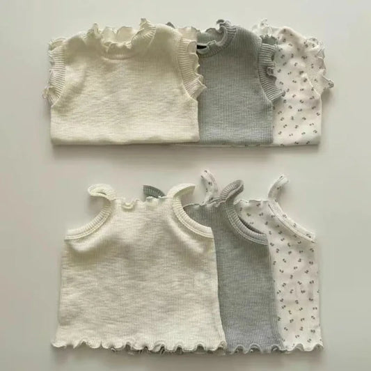 -ベビートップス キャミソール フリル 無地 フラワー花柄プリント 3カラー【mh0005898】 - mamahalo shop - タンクトップ・キャミソール・ノースリーブトップス -  べビー服 - 子供服 - 男の子 - 女の子