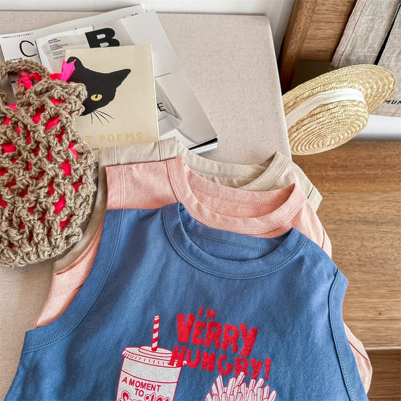 -キッズ レターロゴ プリント タンクトップ ノースリーブ Tシャツ カーキ ブルー ピンク ユニセックス【mh0002050】 - mamahalo shop - タンクトップ・キャミソール・ノースリーブトップス -  べビー服 - 子供服 - 男の子 - 女の子