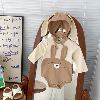 -ベビー うさぎ うさ耳 バニー ドッキング 半袖 ロンパース 耳帽子 セット ピンク アプリコット ユニセックス【mh0001994】 - mamahalo shop - 半袖ロンパース -  べビー服 - 子供服 - 男の子 - 女の子