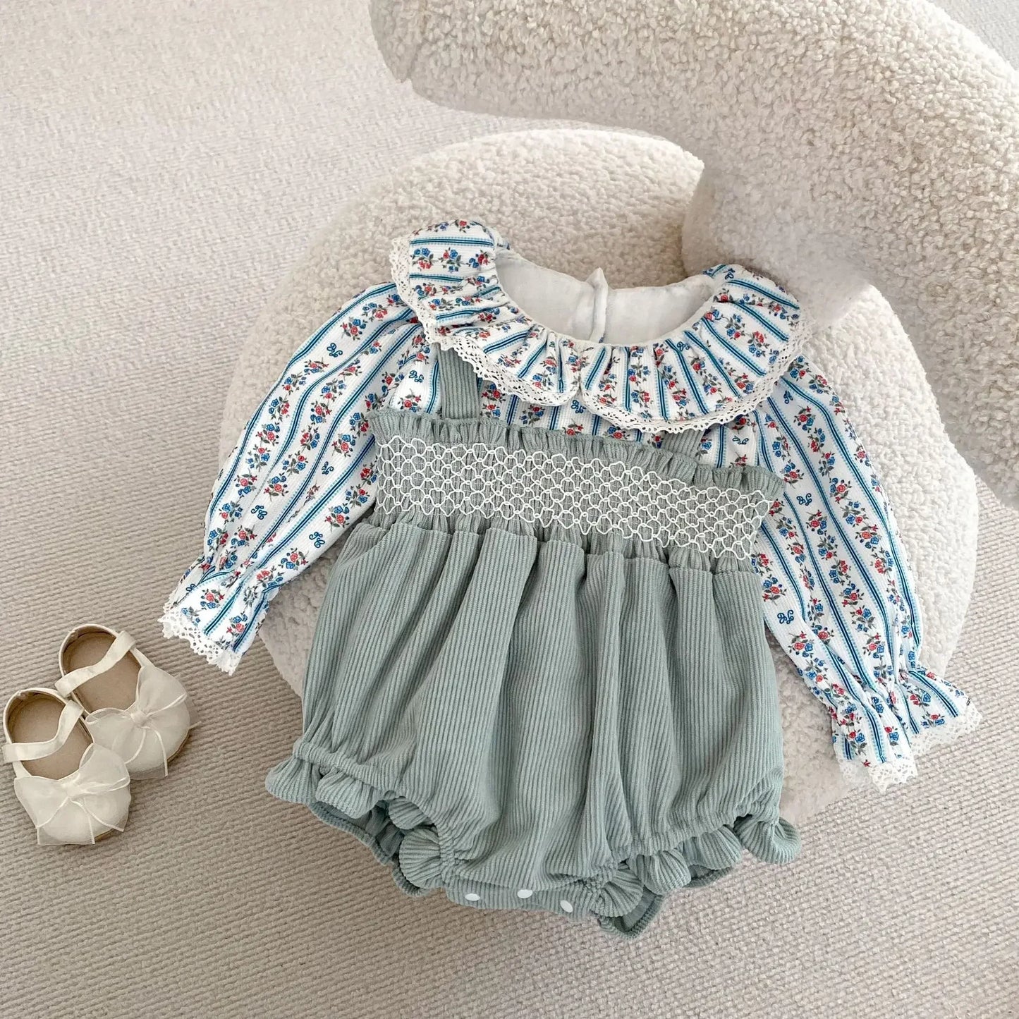 -ベビーロンパース フラワープリントブラウスドッキングサスペンダーボディスーツ - mamahalo shop - 長袖ロンパース -  べビー服 - 子供服 - 男の子 - 女の子