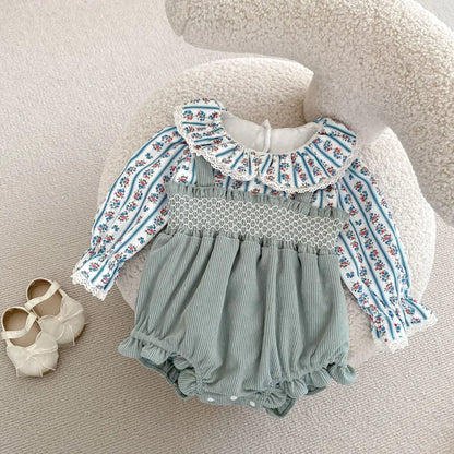 -ベビーロンパース フラワープリントブラウスドッキングサスペンダーボディスーツ - mamahalo shop - 長袖ロンパース -  べビー服 - 子供服 - 男の子 - 女の子