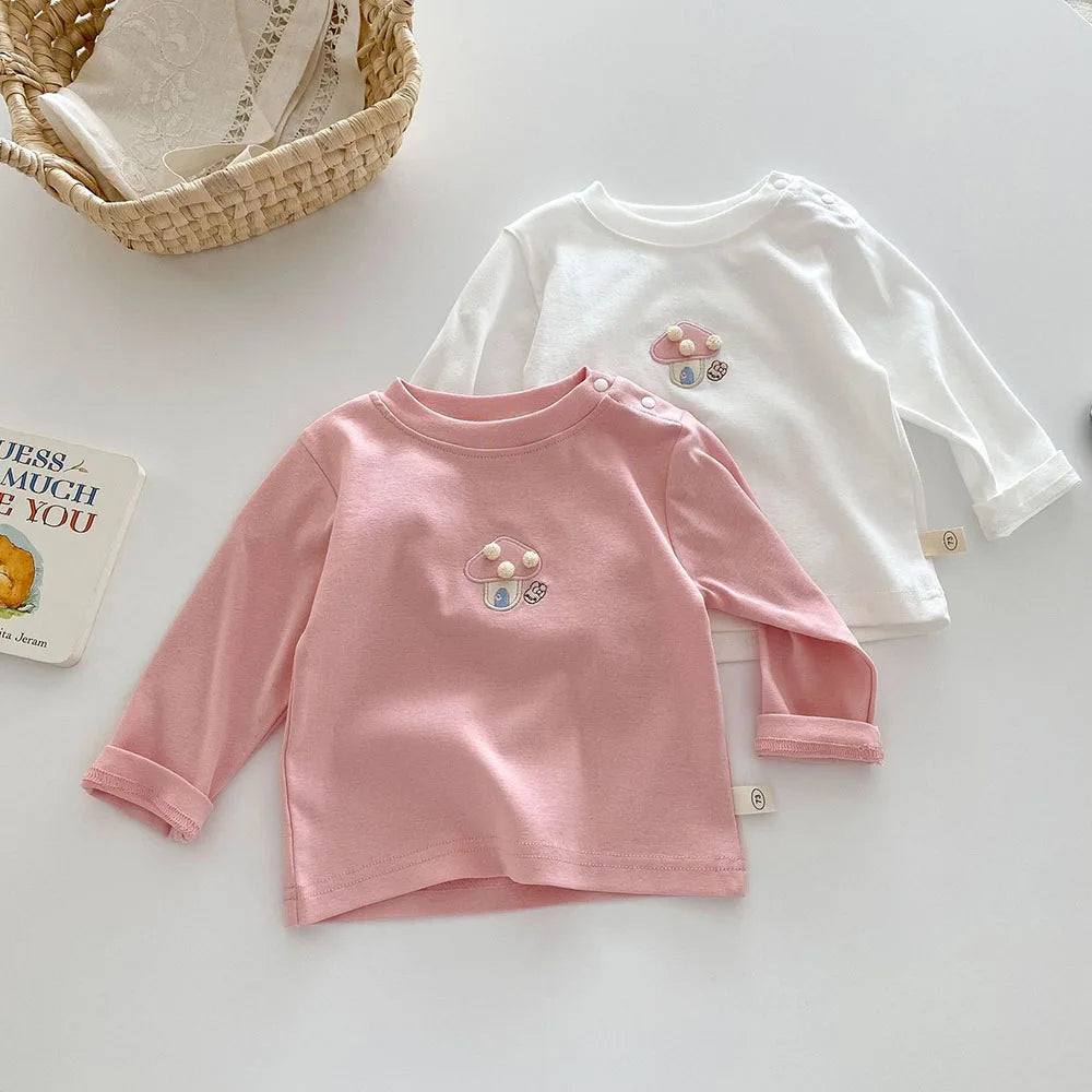 -ベビーキッズトップス 長袖Tシャツ きのこマッシュルーム刺繍 2カラー【mh0006467】 - mamahalo shop - 長袖Tシャツ -  べビー服 - 子供服 - 男の子 - 女の子