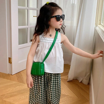 -キッズセットアップ 2点セット ノースリーブブラウス+クロップドパンツ チェック/水玉ドット【mh0006134】 - mamahalo shop - ノースリーブセットアップ -  べビー服 - 子供服 - 男の子 - 女の子