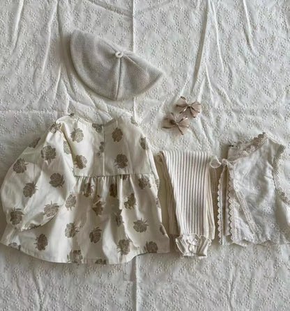 -ベビーセットアップ 2点セット ローズフラワープリント長袖チュニックブラウス+リボン付きブルマパンツ アプリコット【mh0006716】 - mamahalo shop - 長袖セットアップ -  べビー服 - 子供服 - 男の子 - 女の子