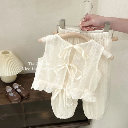 -キッズセットアップ 2点セット バックオープンノースリーブブラウス+ルーズロングパンツ レース刺繍【mh0005730】 - mamahalo shop - ノースリーブセットアップ -  べビー服 - 子供服 - 男の子 - 女の子