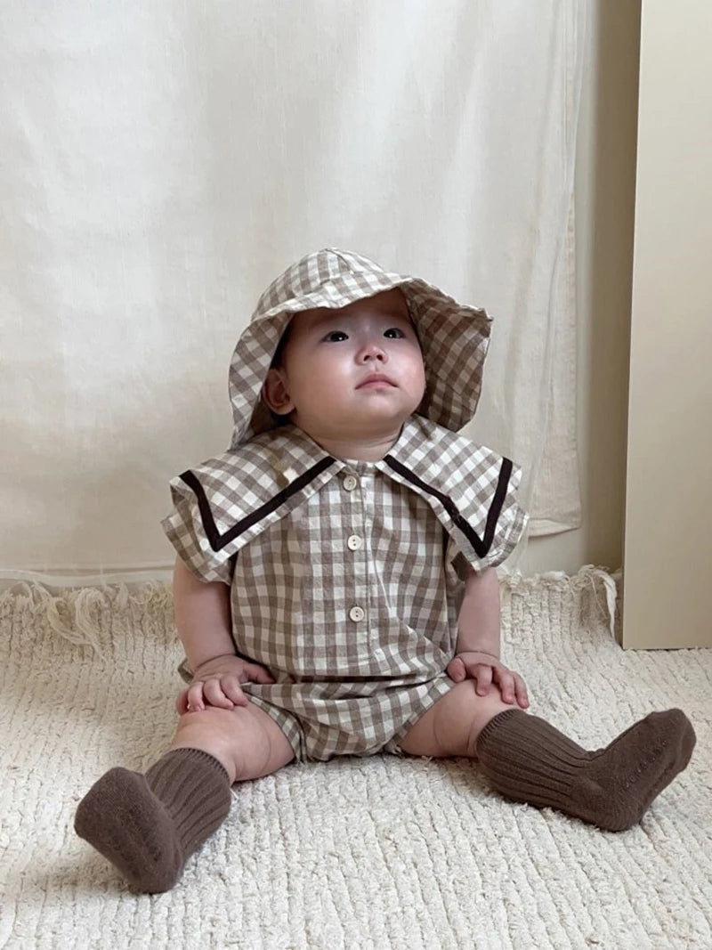 -ベビーロンパース 帽子セット ノースリーブセーラーカラージャンプスーツ チェック/無地 チューリップハットセット 2カラー【mh0006078】 - mamahalo shop - ノースリーブロンパース -  べビー服 - 子供服 - 男の子 - 女の子