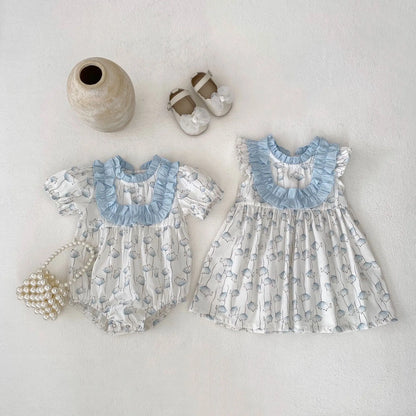 -ベビーロンパース/キッズワンピース フリル 半袖 たんぽぽプリント リンクコーデ 姉妹 お揃いコーデ - mamahalo shop - 半袖ロンパース -  べビー服 - 子供服 - 男の子 - 女の子