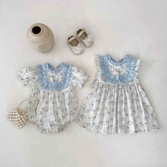 -ベビーロンパース/キッズワンピース フリル 半袖 たんぽぽプリント リンクコーデ 姉妹 お揃いコーデ - mamahalo shop - 半袖ロンパース -  べビー服 - 子供服 - 男の子 - 女の子