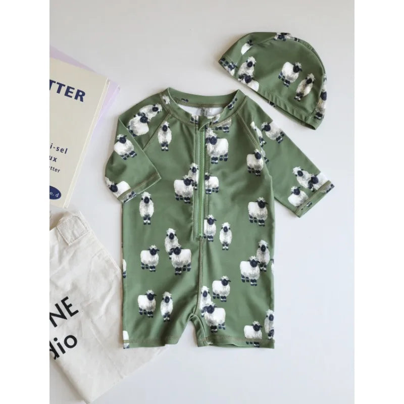 -キッズ水着 ボーイズ 長袖ジップアップつなぎ ワンピース+帽子セット アニマルプリント スイムウェア【mh0005992】 - mamahalo shop - ベビー用水着 -  べビー服 - 子供服 - 男の子 - 女の子