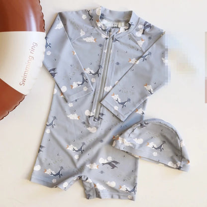 -キッズ水着 ボーイズ 長袖ジップアップつなぎ ワンピース+帽子セット アニマルサファリ/レモンプリント スイムウェア 3カラー【mh0005983】 - mamahalo shop - ベビー用水着 -  べビー服 - 子供服 - 男の子 - 女の子