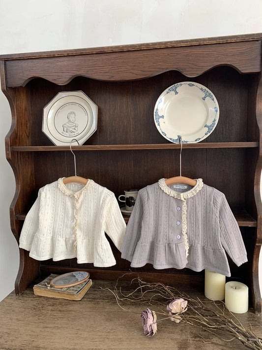 -ベビーキッズカーディガン レースニット ペプラム ニットジャケット ベージュ/グレー/2カラー【mh0004274】 - mamahalo shop - カーディガン・パーカー -  べビー服 - 子供服 - 男の子 - 女の子